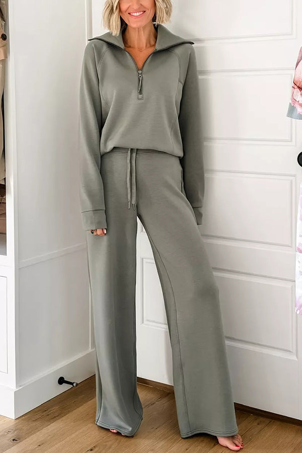 Airy Sleek Half Zip Jacket and High-waisted Elastic Waist Wide Leg Sweatpants Set