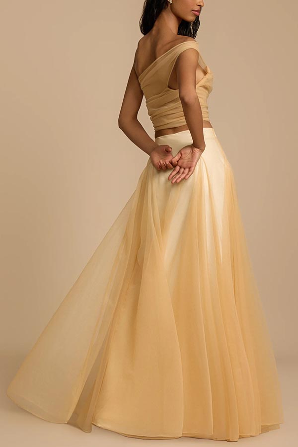 Romance Factor Satin Patchwork Tulle High-waisted Elastic Waist A-line Maxi Skirt