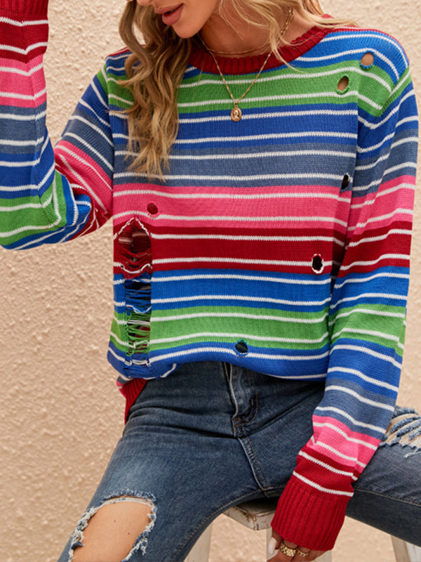 Long Sleeves Loose Contrast Color Hollow Striped Round-Neck Pullovers Sweater Tops