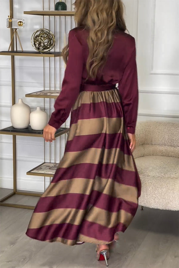 Lindsey Satin Colorblock Contrast Long Sleeve Belted Shirt Maxi Dress