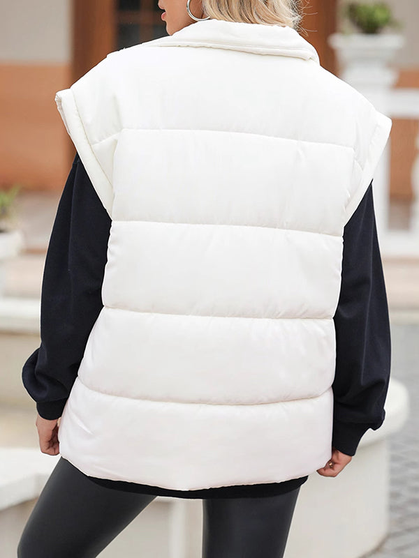 Loose Sleeveless Keep Warm Pockets Quilted Solid Color Zipper Stand Collar Padded Vest