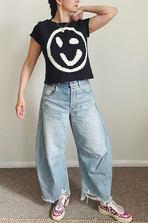 Always Happy Face Knit Unique Pattern Versatile Loose Tank Top