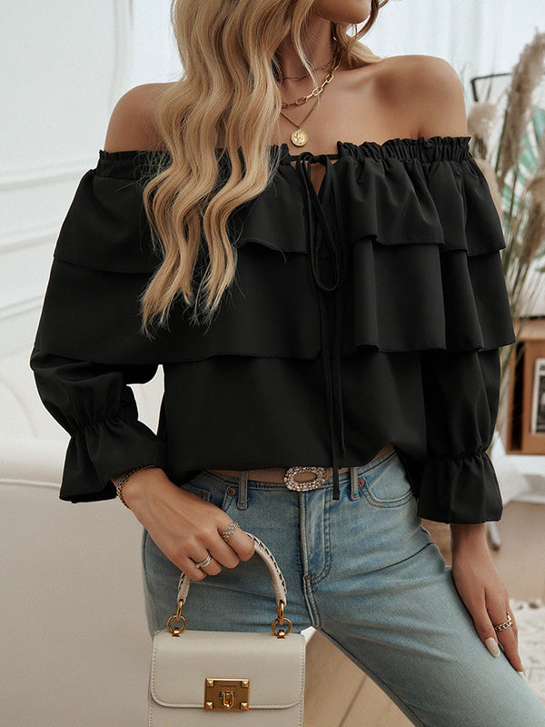 Long Sleeves Loose Layered Pleated Solid Color Split-Joint Tied Off-The-Shoulder Blouses&Shirts Tops