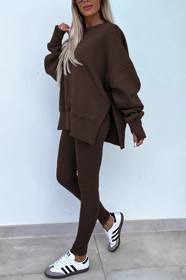 Solid Color Loose Long Sleeve SlitSweatshirt and Elastic Waist Tight Pants Set