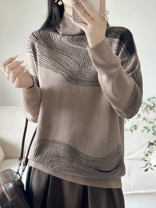 Long Sleeves Loose Contrast Color High Neck Pullovers Sweater Tops