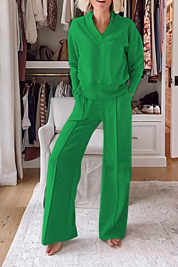 Weather Gets Cold Solid Color V-neck Top and Elastic Waist Pocketed Lounge Pants Set