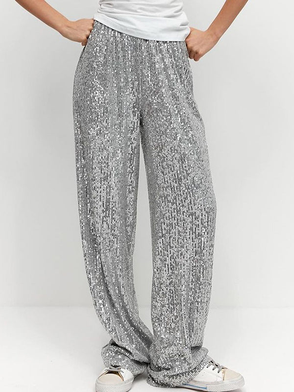 Loose Straight Leg Elasticity Sequined Shiny Split-Joint Pants Trousers