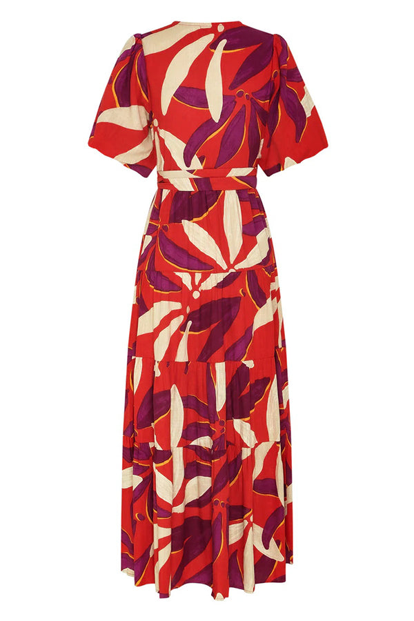 Unique Printed V-neck Puff Sleeves Tie Waist Midi Dress