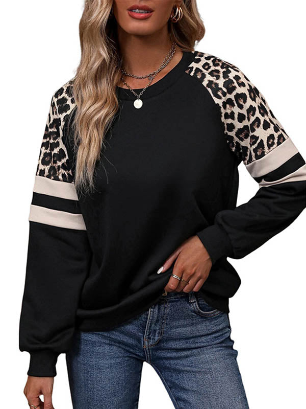 Loose Raglan Sleeve Contrast Color Leopard Split-Joint Round-Neck T-Shirts Tops