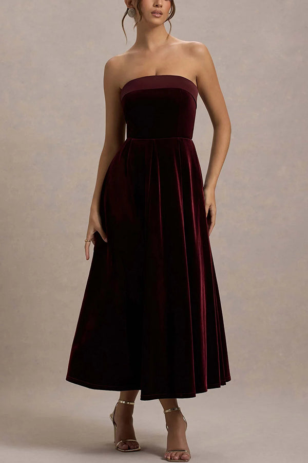 Center of Attention Velvet Satin Neck Bandeau Pleated Midi Dress