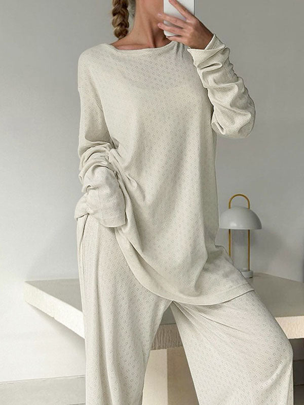 High Waisted Long Sleeves Elasticity See-Through Solid Color Split-Joint Round-Neck Two Pieces Set