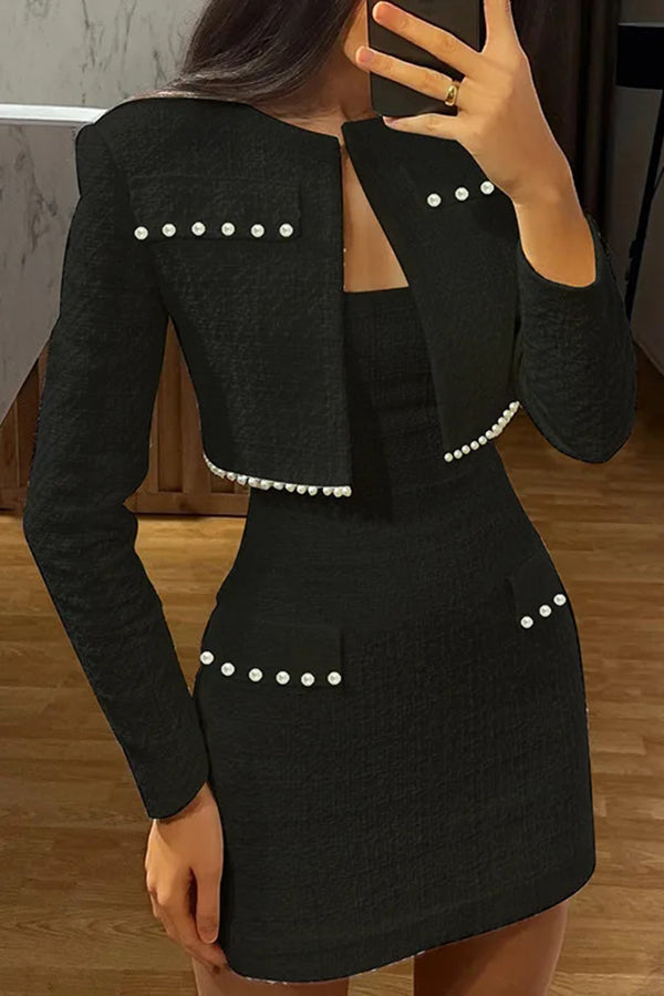 Stylish Sleeveless Tweed Sexy Slim Fit Pearl Embellished Mini Dress