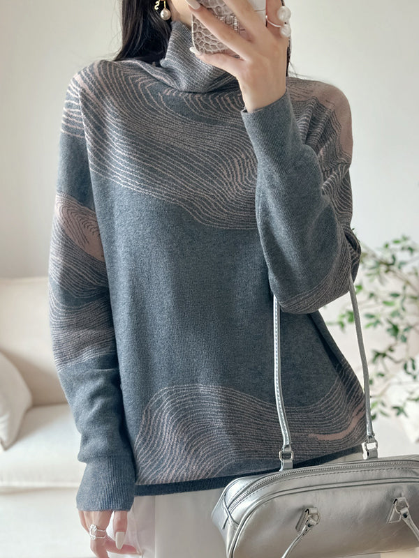 Long Sleeves Loose Contrast Color High Neck Pullovers Sweater Tops