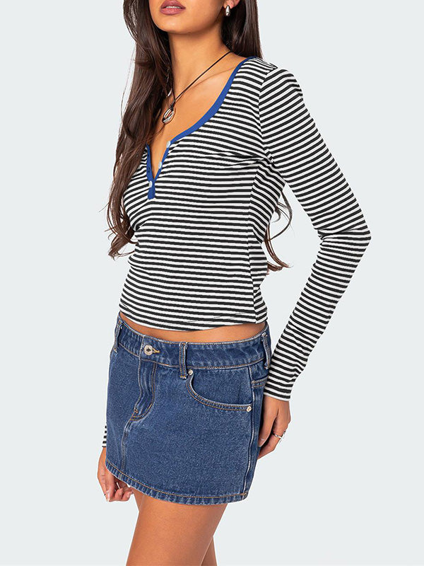 Long Sleeves Skinny Buttoned Contrast Color Striped V-Neck T-Shirts Tops