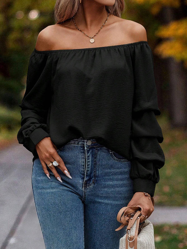 Long Sleeves Loose Elasticity Pleated Solid Color Off-The-Shoulder Blouses&Shirts Tops