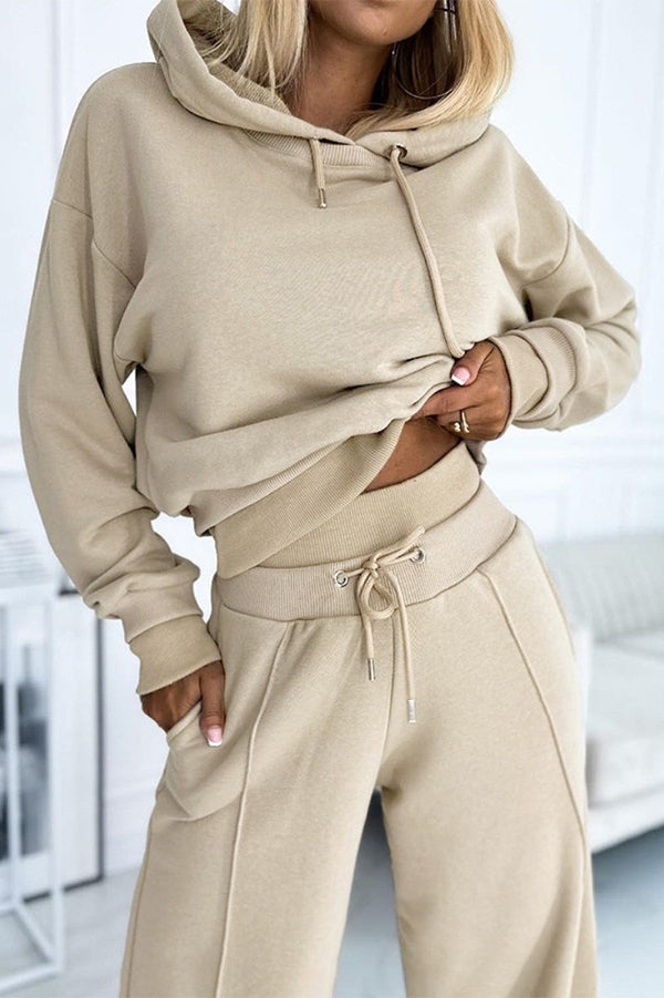 Stylish Patchwork Hooded Sweatshirt and Elastic Waist Tie Pockets Wide Leg Pants Set