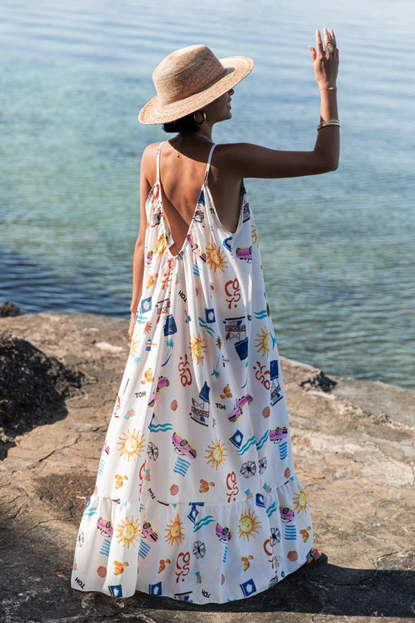 Marisol Linen Blend Unique Print A-line Slip Loose Maxi Dress