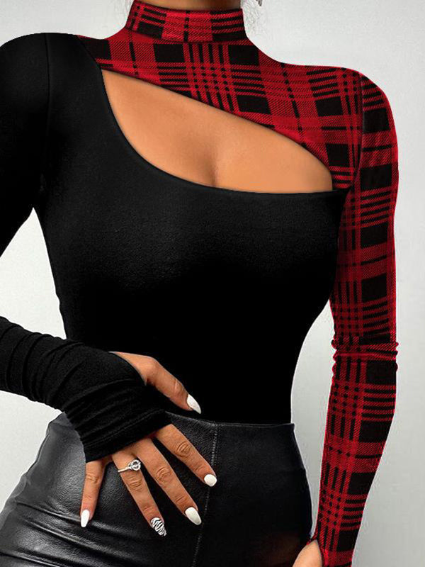 Long Sleeves Skinny Hollow Plaid Mock Neck T-Shirts Tops