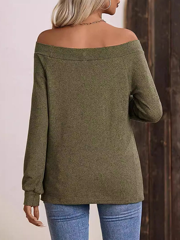 Long Sleeves Loose Solid Color Split-Joint Off-The-Shoulder T-Shirts Tops