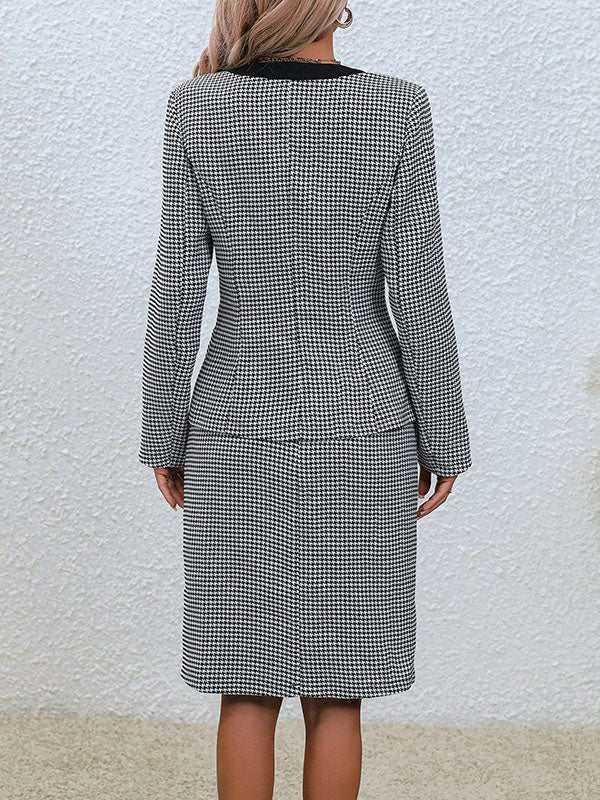 Long Sleeves Buttoned Contrast Color Plaid Round-Neck Outerwear Top + Skirts Bottom Two Pieces Set