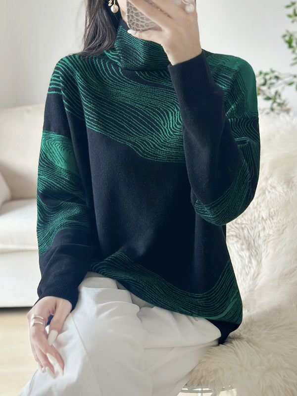 Long Sleeves Loose Contrast Color High Neck Pullovers Sweater Tops