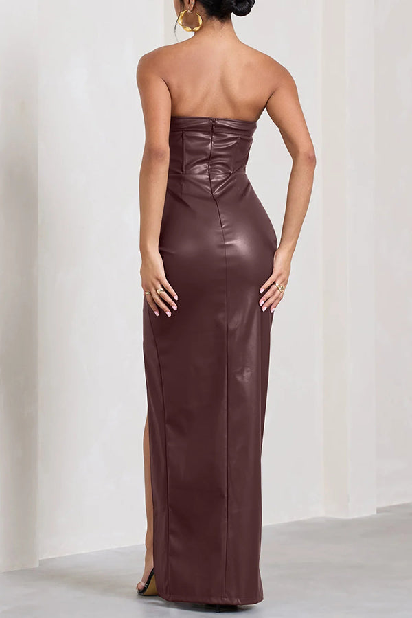 Sexy Meaning Faux Leather Strapless B&eau Split Maxi Dress