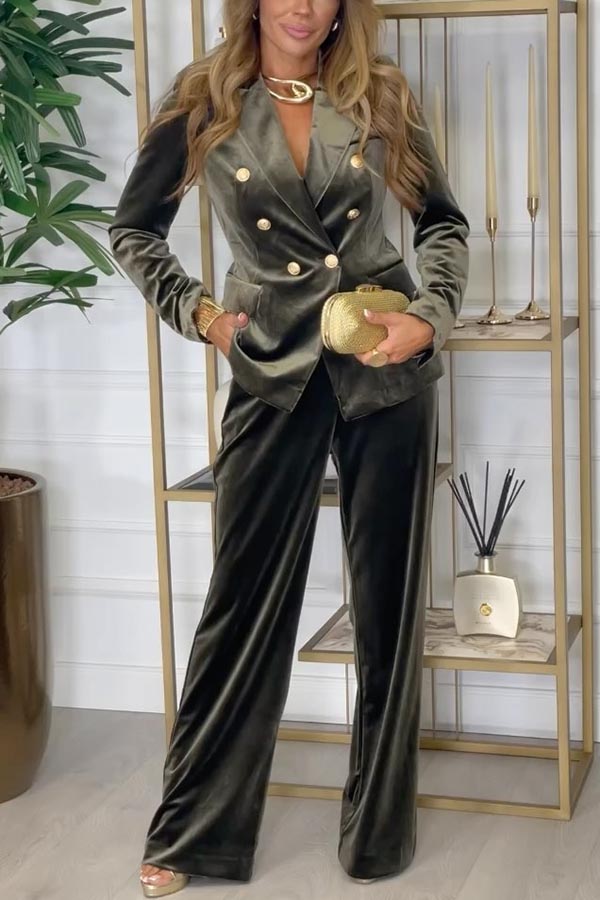 Guest of Honor Velvet Metal Buttoned Lapel Blazer and Elastic Waist Pocketsed Loose Pants Set