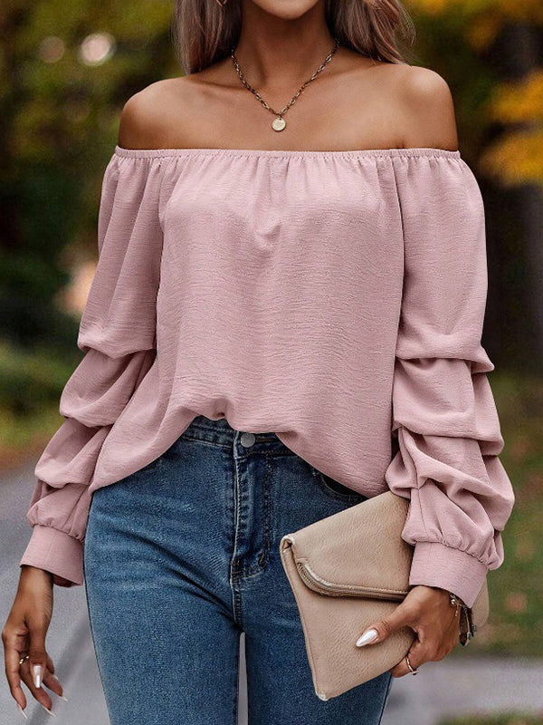 Long Sleeves Loose Elasticity Pleated Solid Color Off-The-Shoulder Blouses&Shirts Tops