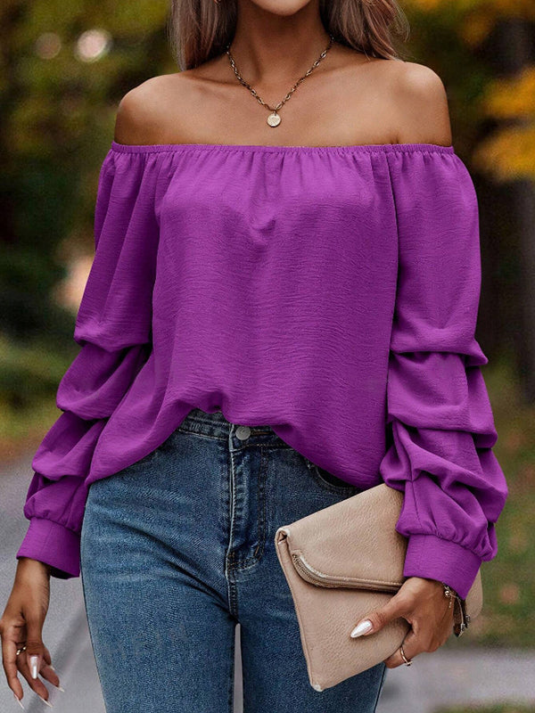 Long Sleeves Loose Elasticity Pleated Solid Color Off-The-Shoulder Blouses&Shirts Tops