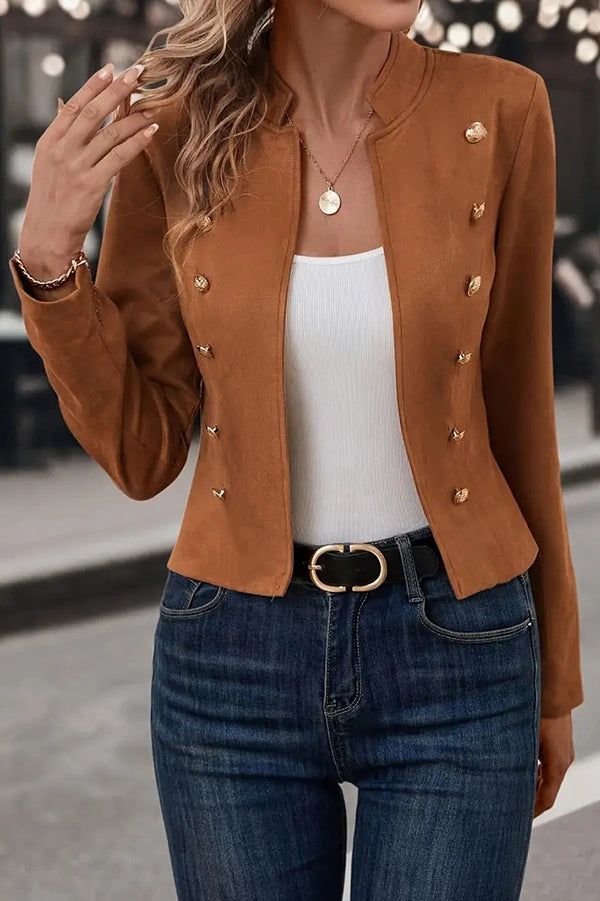 Solid Color Double Breasted Long Sleeve Blazer