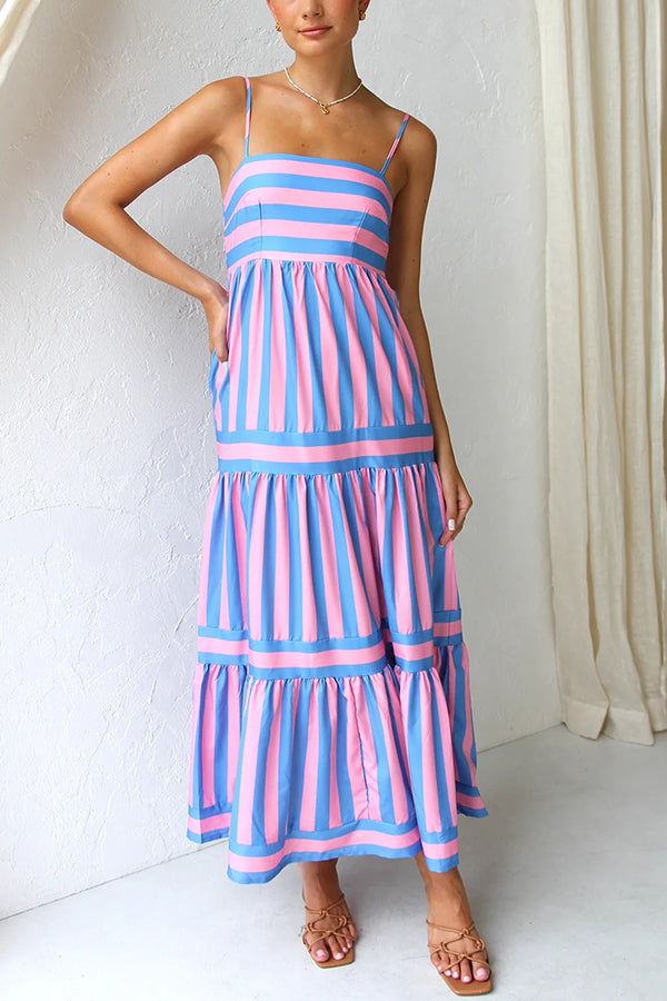 Beachy Dreams Striped Print Back Smocked Pocket A-line Slip Midi Dress