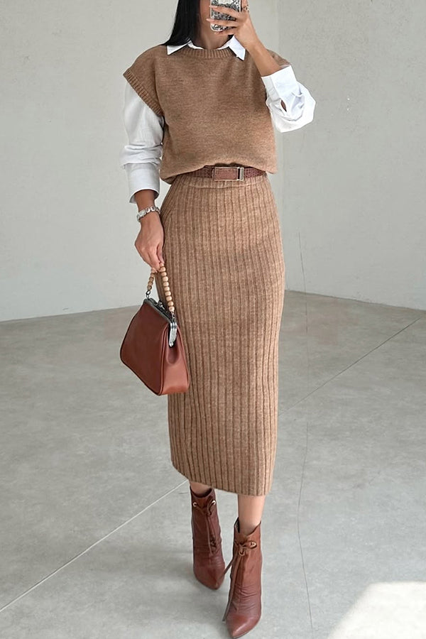 Triko Knit Short Sleeve Sweater and Stretch Ribbed Midi Skirt Set