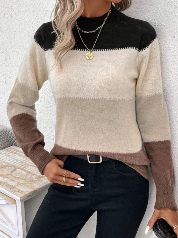 Long Sleeves Contrast Color Round-Neck Pullovers Sweater Tops