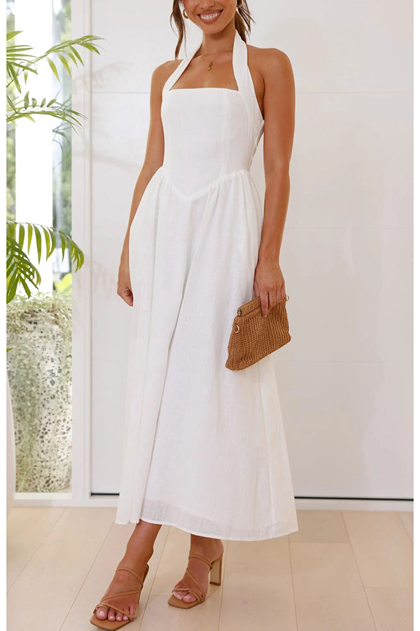 Brunch in Bali Linen Blend Halter Neck Pocketed Maxi Dress