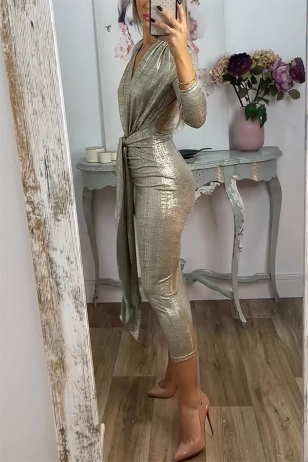 Shiny Lady Metallic Fabric Padded Long Sleeve Tie-up Ruched Midi Dress