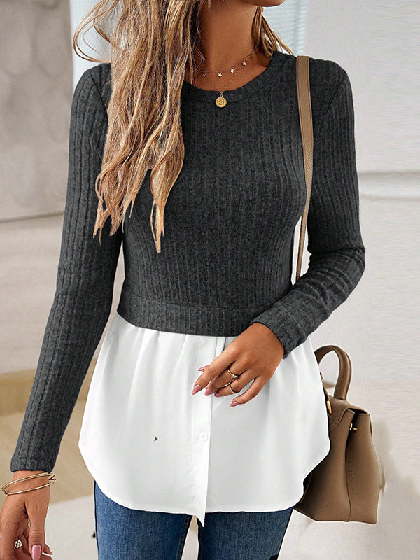 Long Sleeves Loose Buttoned Split-Joint Round-neck Knit Top