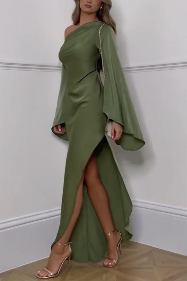 Zayla Satin Asymmetrical One Shoulder Bell Sleeve Slit Maxi Dress