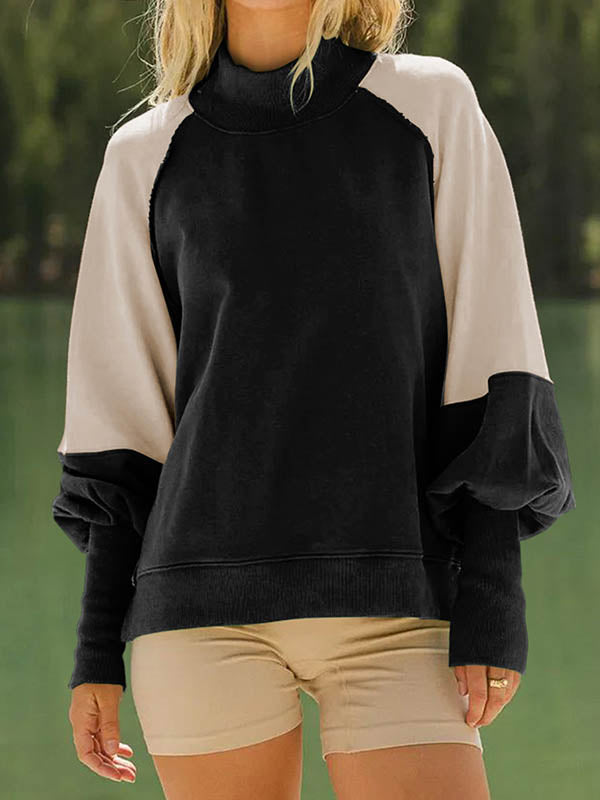 Long Sleeves Loose Contrast Color Pleated Split-Joint Round-Neck Sweatshirt Tops