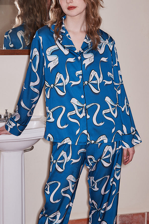 Blue Bow Print Home Long-sleeved Two-piece Set