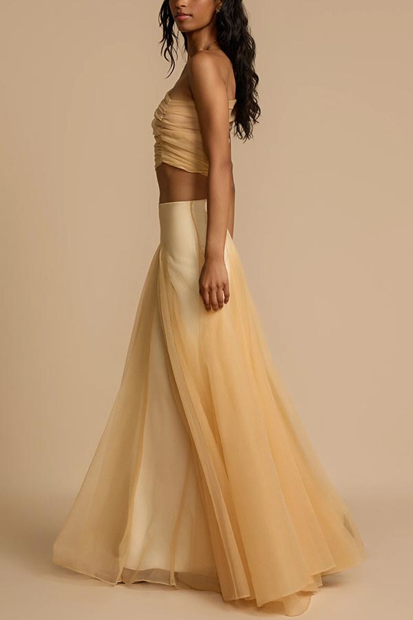 Romance Factor Satin Patchwork Tulle High-waisted Elastic Waist A-line Maxi Skirt