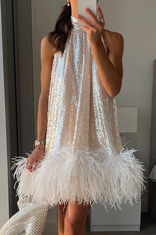 Dancefloor Elf Sequin Feather Trim High Neck A-line Mini Dress