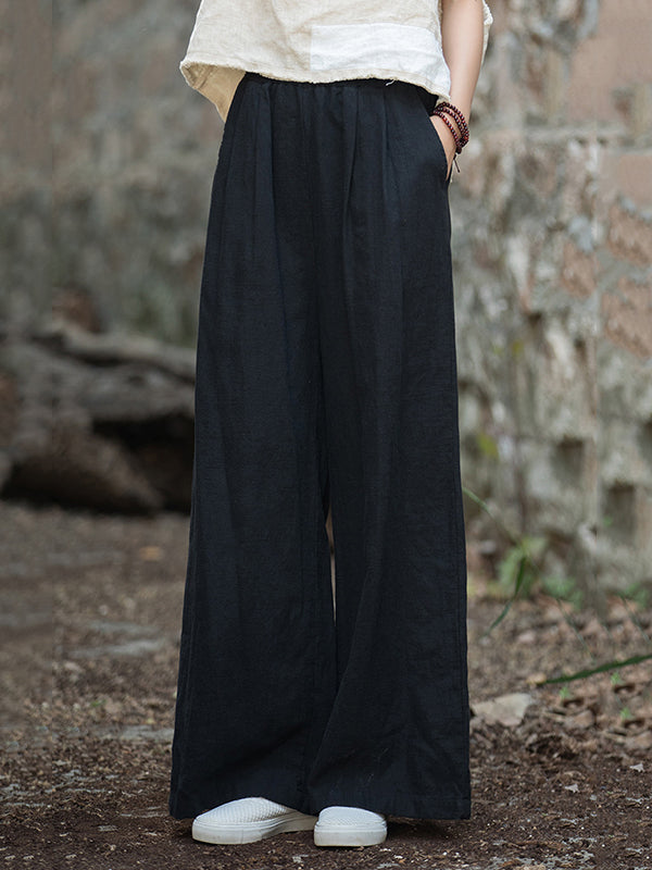 Loose Wide Leg Elasticity Pleated Pockets Solid Color Pants Trousers