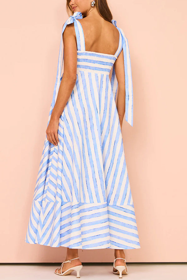 Treasured Times Stripe Print Tie-up Shoulder Pocketed A-line Maxi Dress