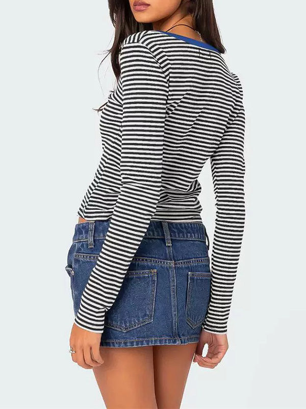 Long Sleeves Skinny Buttoned Contrast Color Striped V-Neck T-Shirts Tops