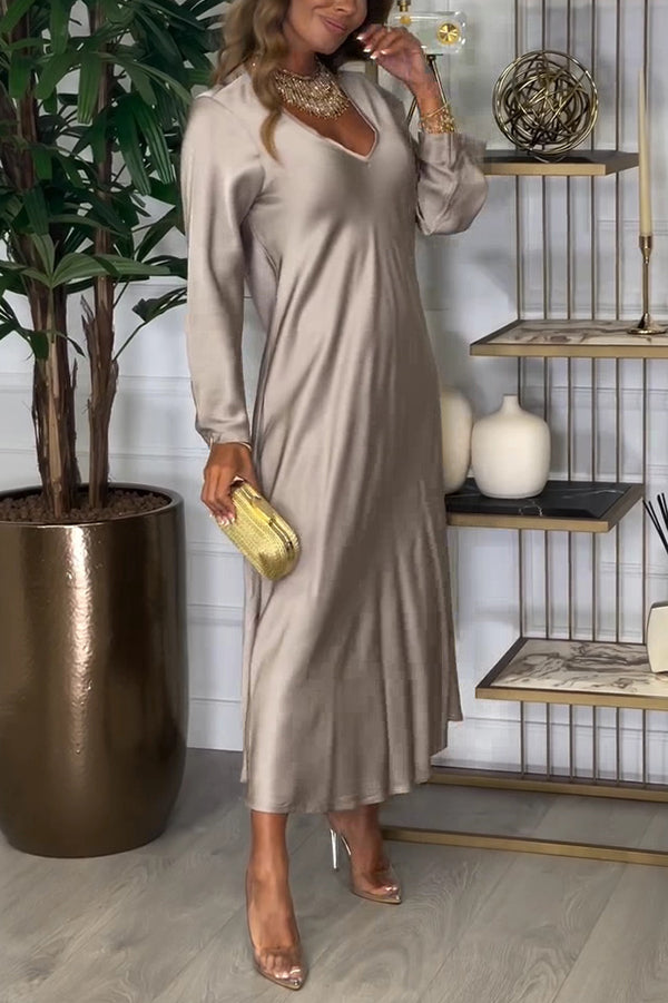 Solid Color V-neck Long-sleeved Loose Draped Maxi Dress