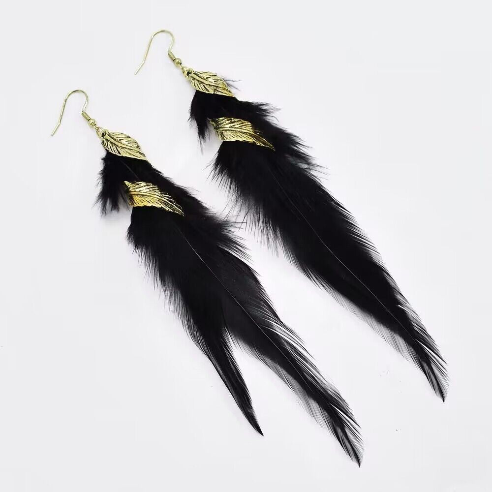 Vintage chain tassel bohemian feather earrings