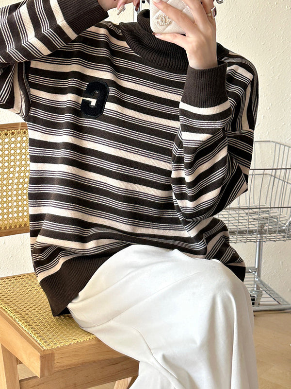 Long Sleeves Loose Contrast Color Split-Joint Striped High Neck Pullovers Sweater Tops