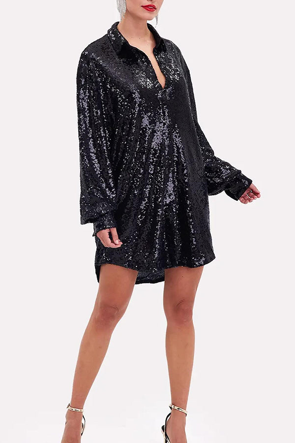 Solid Color Sequined Long-sleeved Casual Mid-length Loose Shirt