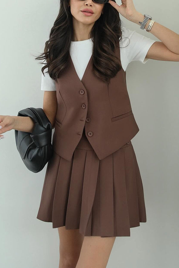 Solid Color Sleeveless Buttoned Vest and High-waisted Pleated Mini Skirt Set