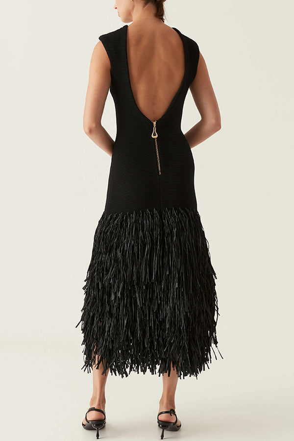 Christie Ribbed Patchwork Tiered Fringed Hem Zipper Backless Maxi Dress